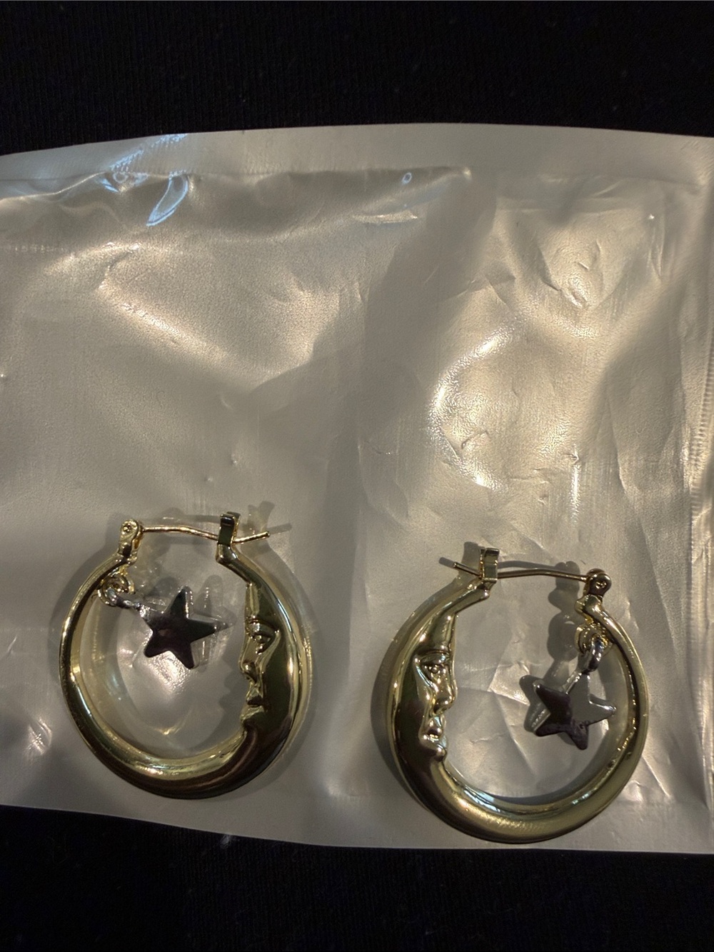 Gold Crescent Moon Hoop Earrings with Hanging Stars